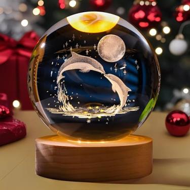 Imagem de 1 bola de cristal golfinho com luz LED, base alimentada por USB, decoração de férias à prova d'água para mesa, presente de férias em família (AB-002)