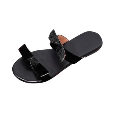 Imagem de Sandálias femininas de verão, moda casual, confortável, com detalhe de laço, sandálias rasteiras para uso ao ar livre, Preto, 36