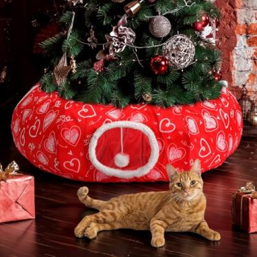 Imagem de Soulchen Cama túnel para gatos Dia dos Namorados 0,9 m x 0,9 m x 9,8 polegadas, saia de árvore de dia dos namorados, coração vermelho, decoração de donuts, caverna para animais de estimação, pequenos