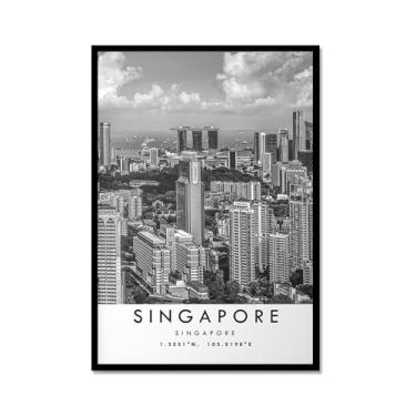 Imagem de Pôster de viagem preto e branco impressão de paisagem da cidade do mundo pintura em tela de arte de parede de Singapura decoração de casa (16 x 24 polegadas (40 x 60 cm), moldura de metal)