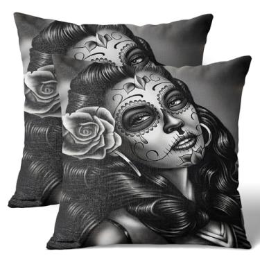Imagem de Wknoon Conjunto de capas de travesseiro de linho 45,7 x 45,7 cm (pacote com 2) - Retrato monocromático de caveira de açúcar com presente rosa preto cinza Dia dos Mortos, capa de almofada de sofá