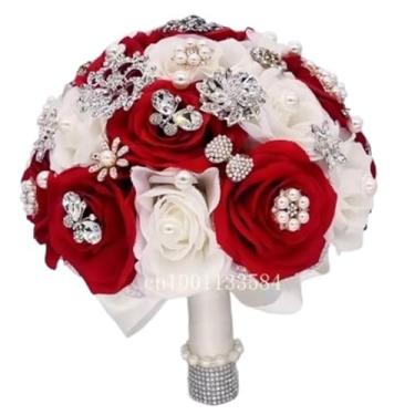 Imagem de Perfectlifeoh Buquê de noiva - Arranjo de flores de rosa de seda artificial de pérola de cristal para noiva (vermelho)