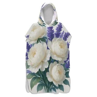Imagem de TSENQUE Peônias Brancas Flores Roxas Secagem Rápida Poncho de Toalha de Praia com Capuz para Adultos Roupão de Banho Cobertor de Natação, Tamanho Único