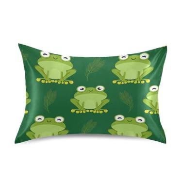 Imagem de Lindos desenhos animados sapos verde sorriso cetim fronhas fofas personalizadas resfriamento padrão king queen fronha travesseiro cuidados com o cabelo tamanho padrão 66.0 cm x 50.8 cm