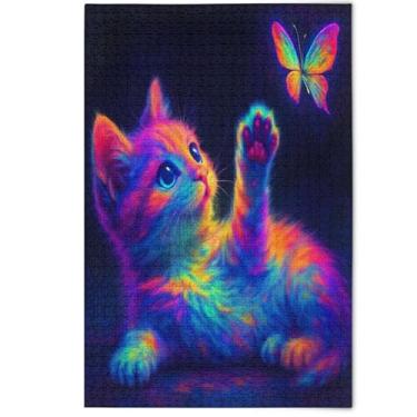 Imagem de Cute Cat Butterfly Neon Jigsaw Puzzle 1000 Pieces Adult Scenery Animal Art Decor Prime Art Jigsaw Family Puzzle Lovers Gifts, 1000 Pieces, 29.5" x 19.7"