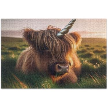 Imagem de Quebra-cabeça fofo de unicórnio para adultos Highland Cattle 1000 peças, presentes engraçados, quebra-cabeças exclusivos para adultos, pintura de arte floral, 75 x 40 cm