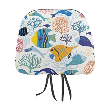Imagem de Peixes coloridos diferentes com corais no padrão branco sem costura, 1 peça capa universal para encosto de cabeça de carro, capa macia para encosto de cabeça de carro, acessórios de decoração para a