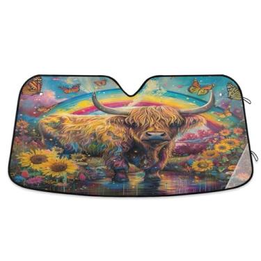 Imagem de Guarda-sol Highland Cow Rainbow Car Para-brisa Dobrável Janela Frontal Carro Guarda-sol Grande