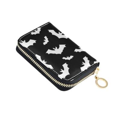 Imagem de Carteira feminina de couro branco morcego preto para cartão de crédito com bloqueio de RFID com zíper e bolso para moedas