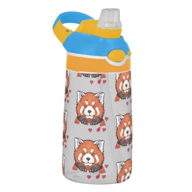 Imagem de Red Panda Hearts Garrafa de água infantil cinza 473 ml Tritan garrafa de água de plástico reutilizável com tampa de canudo 473 ml copo infantil portátil à prova de vazamento, alça de transporte