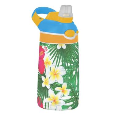 Imagem de Garrafa de água infantil de 473 ml com tampa de palha, garrafa de água esportiva reutilizável para escola, à prova de vazamento, copo infantil Tritan de 473 ml, alça de transporte, flores tropicais de