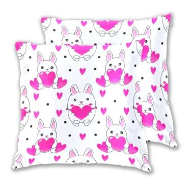 Imagem de Joitme Conjunto de 2 capas de almofada fofas coelhos brancos corações rosa, capa de almofada de sofá fofa, decoração de casa, boho, 40,6 x 40,6 cm, 2 peças