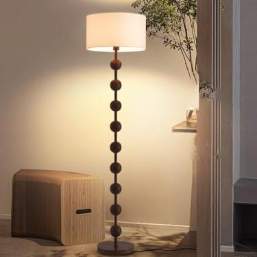Imagem de Luminária de chão minimalista em tecido - Design alto em formato de bola com base de ferro com acabamento amadeirado, soquete E27, dimmer de 3 cores, perfeita para sala de estar, quarto, sal