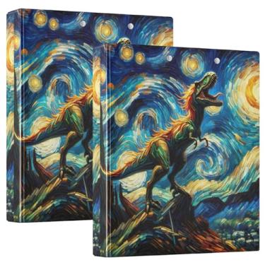 Imagem de Fichários personalizados Roar Dinosaur Starry Night Binders 3 cm com 3 anéis para 200 folhas, portfólio, anel redondo, fichário de escritório, 31,5 x 27 x 6 cm, pacote com 2