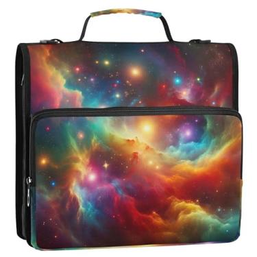 Imagem de Fichários de 3,8 cm com 3 anéis de nebulosa estrelada colorido espaço zíper fichário organizador com alça bolsa de ensino médio portfólio de documentos e estojo suporte de pasta de anel