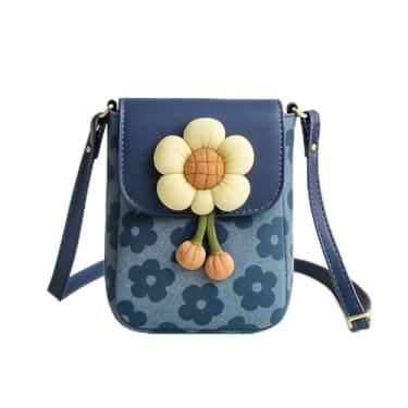 Imagem de Bolsa transversal floral para mulheres, bolsa de ombro pequena estilo INS com fecho de zíper para passeios diários, Azul