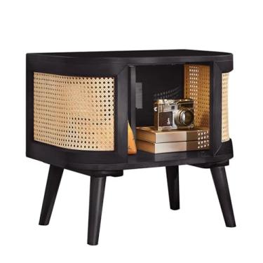 Imagem de KXPSWGE Mesa de cabeceira de fazenda, mesa de cabeceira de madeira com prateleira de armazenamento aberta, mesa lateral de cama vintage de meados do século, organizador de gavetas com pernas de