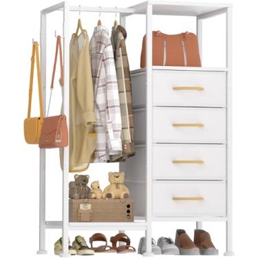 Imagem de VERONLY Cômoda com suporte para pendurar, armário pequeno de 4 gavetas para quarto, cômoda infantil de tecido reversível com suporte para roupas, torre de armazenamento alta, moldura resistente
