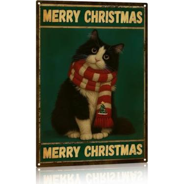 Imagem de Madewell Living Decoração de parede de gato preto engraçado de Natal, Feliz Natal, placa de metal à prova d'água para casa ao ar livre, cozinha, banheiro, decoração de Natal vintage peculiar, 20 x 30