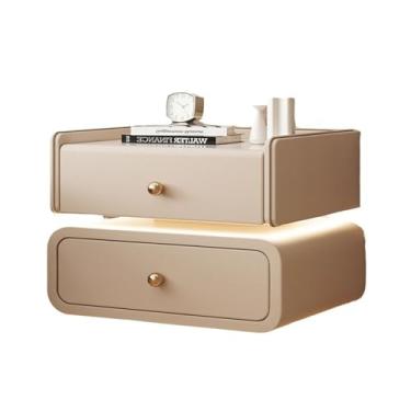 Imagem de Mesa de cabeceira com luzes LED, mesa de cabeceira de armazenamento de 2 camadas com alças de metal, couro, mesa de cabeceira moderna para quarto, escritório em casa (50 cm, cor café leite)