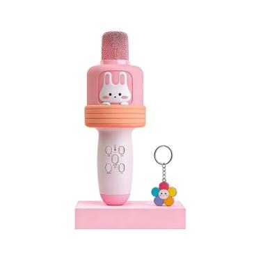 Imagem de Microfone de karaokê para crianças – Microfones Bluetooth + presente, 2 chaveiros de desenho animado, luzes LED, efeito Echo, alto-falante integrado, leitor de karaokê portátil para festas e presentes