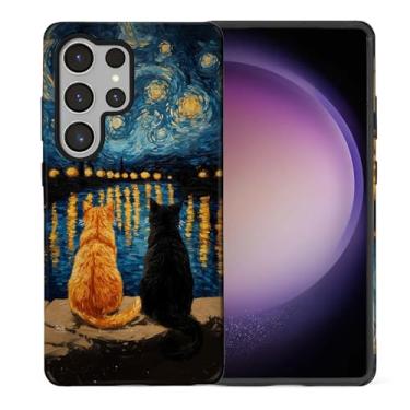 Imagem de CARLOCA Capa protetora brilhante para Samsung Galaxy S25 Ultra Full Body para meninas e meninos à prova de choque padrão de estética pintura a óleo laranja preto gato noite estrelada