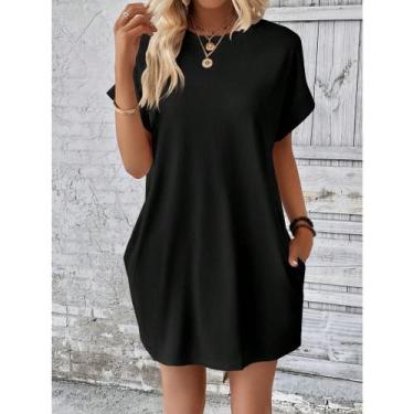 Imagem de Vestido Casual com Bolso Lateral Manga Asa Morcego Curto Soltinho Conf