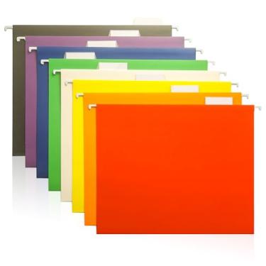 Imagem de Pastas de arquivo coloridas para pendurar – Pacote com 8 cores sortidas, pastas de organização de arquivos tamanho carta para casa, escritório, escola e armários de arquivo.