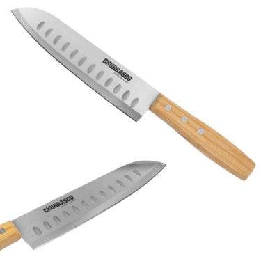 Imagem de Faca De Churrasco Cozinha Santoku Em Inox Cabo Bambu Grande - Marcamix