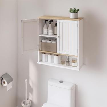 Imagem de Viaozutis Armário de parede de banheiro com 2 portas e prateleira aberta – Armário de remédios para economizar espaço sobre o banheiro, armazenamento de armário de madeira para organização de banheiro