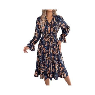 Imagem de Vestido Elegante Feminino Com Estampa Floral Decote Em V Manga Longa C