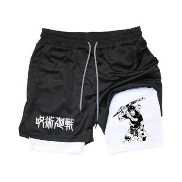 Imagem de Shorts De Corrida Masculinos 2 Em 1 Em Malha Com Estampa De Anime, Cal