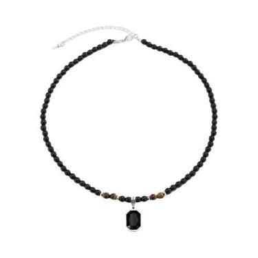 Imagem de Colar Masculino Moderno Com Pingente Quadrado De Contas Pretas, Acessó