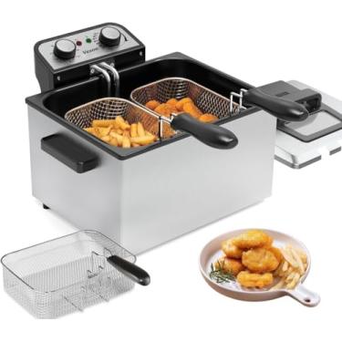 Imagem de Fritadeira elétrica grande 1800W 5 litros/21 xícaras com 3 cestos de fritura para uso doméstico, temperatura ajustável, tampa da janela de visão, panela de fritadeira de aço inoxidável de bancada,