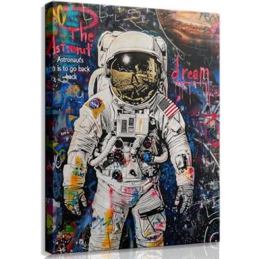Imagem de Arte de parede em tela de astronauta de grafite emoldurado, decoração de parede, moderno, abstrato, rua, graffiti, pôsteres, imagens para homem, arte de galáxia, pintura, impressões, para quarto, sala