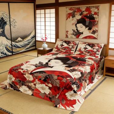 Imagem de Jogo de cama queen de gueixa japonesa, vermelho, vintage, floral, 3 peças, conjunto de edredom artístico japonês Ukiyoe para decoração de quarto de crianças, meninas, meninos, adultos, conjunto de
