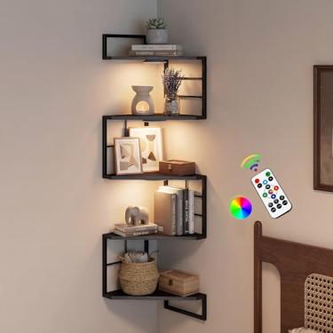 Imagem de WOPITMER Prateleiras flutuantes de canto com luzes – prateleira de canto de 5 camadas montada na parede, estante com luz LED, prateleiras flutuantes para parede, prateleira de exibição para quarto