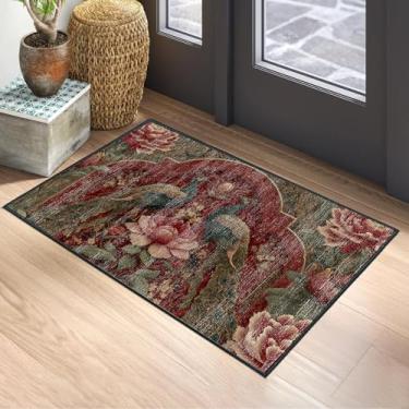 Imagem de Tapete luxuoso de pavão e floral de 5 x 9 m - Tapete antiderrapante com padrão ornamentado vermelho rico para quarto, sala de estar, sala de jantar, tapete de piso de pilha baixa fácil de limpar