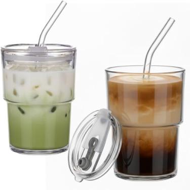 Imagem de Copo de café de vidro de 368 g, copo de vidro Matcha com tampas e canudo, copo Matcha para viagem, copo de vidro para escritório, festa, acampamento, copo de café gelado para água, canecas de café de