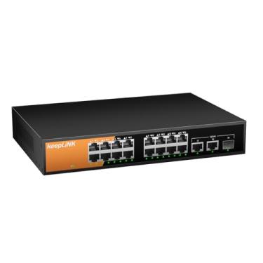 Imagem de keepLiNK Switch Gigabit Poe De 16 Portas Não Gerenciável, 16 Portas Poe+ A 240 W, 2 Portas De Uplink Gigabit E 1 Slot Sfp, Compatível Com 802.3 At/Af, Sem Ventoinha E Com Gabinete De Metal, Para Me