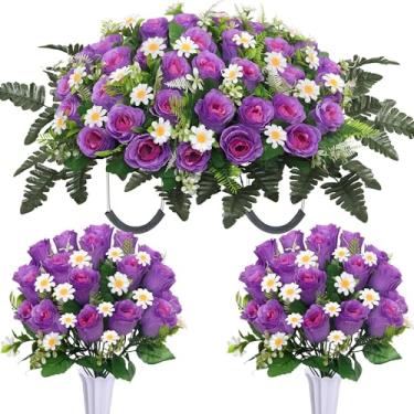 Imagem de Lodou 3 peças de flores artificiais de cemitério para túmulos – sela de flores memorial e 2 buquês de rosas com vaso, flores de sela de cemitério para lápides, decoração elegante para lápides (roxo)