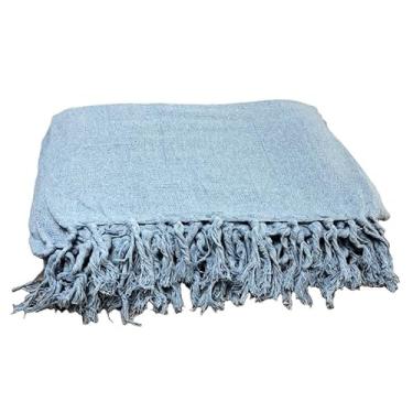 Imagem de Manta para Sofá Algodão 2,50x1,80m Artesanal Decorativa com Nós nas Pontas Capa Protetora Elegante(Azul Piscina)