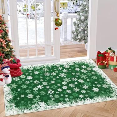 Imagem de GarveeHome Tapete de área pequena 5 x 7 cm de floco de neve de Natal antiderrapante lavável para entrada de férias tapete macio de pelo baixo para banheiro, corredor, quartos, verde
