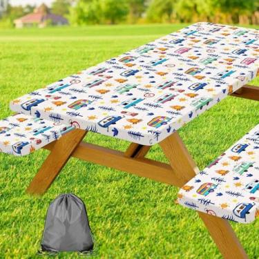 Imagem de Mtsxfy Capa de mesa de piquenique para acampamento com capas de banco, toalha de mesa de acampamento de madeira para trailer, capa de mesa de piquenique ajustada para decoração de festa interna