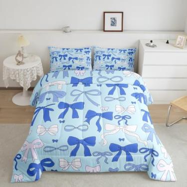 Imagem de jejeloiu Conjunto de cama feminino com laço azul e laço fofo para crianças, conjunto de edredom com estampa de laço, tamanho Queen, decoração de quarto, fofo, respirável, conjunto de colcha macia, 3