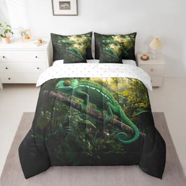 Imagem de Jogo de cama solteiro camaleão verde lagarto para meninos e meninas, natureza, animal selvagem, conjunto de cama com edredom de 7 peças, edredom com edredom, lençóis, fronhas e capa de almofada