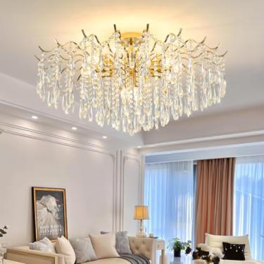 Imagem de Lustre de Cristal com Luminária de Teto - Luxo em Estilo Moderno K9 Dourado com Iluminação de 3 Cores (60cm/80cm) para Sala de Jantar, Sala de Estar, Quarto, Escritório - Elegante em Ferro e