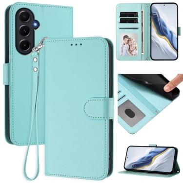 Imagem de Capa carteira para Samsung Galaxy A55 5G, capa fina de couro com compartimentos para cartões, alça de pulso e suporte, capa protetora à prova de choque para homens e mulheres (menta)