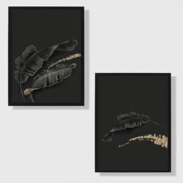 Imagem de Kit 2 Quadros Folhas Pretas 45X34Cm Com Vidro Moldura Preta