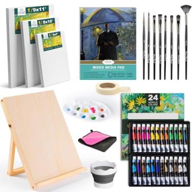 Imagem de Conjunto de arte acrílica, kits de materiais de pintura com 24 tintas acrílicas (22 ml), 8 pincéis, 1 cavalete de madeira, 1 paleta etc., kit de pintura para crianças, adultos e artistas